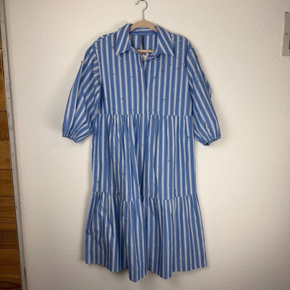 NWT Anthropologie The Bettina Embellished Tiered Shirt Dress Blue White MP - Picture 3 of 12
